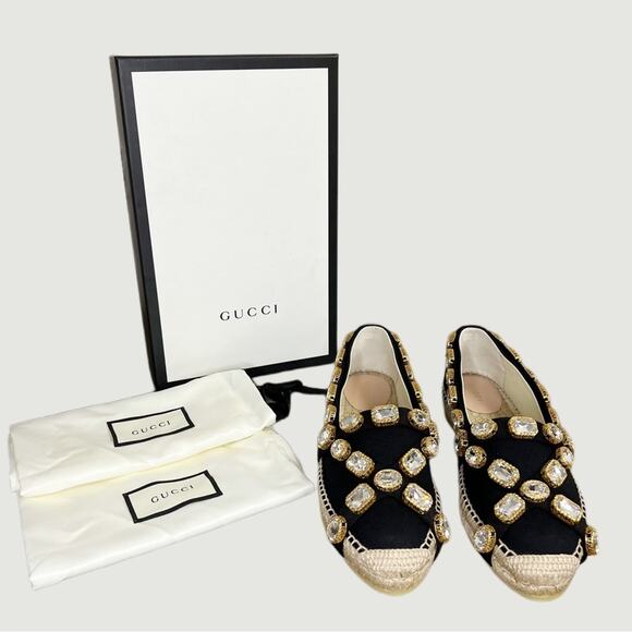 Gucci Pepita Crystal-embellished Espadrilles Black GG New NIB Size 38 - Picture 1 of 6